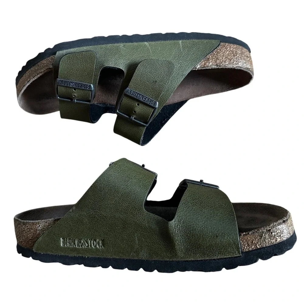 Birkenstock Olive Green Arizona Two Strap Slide Sandals  L8 M6